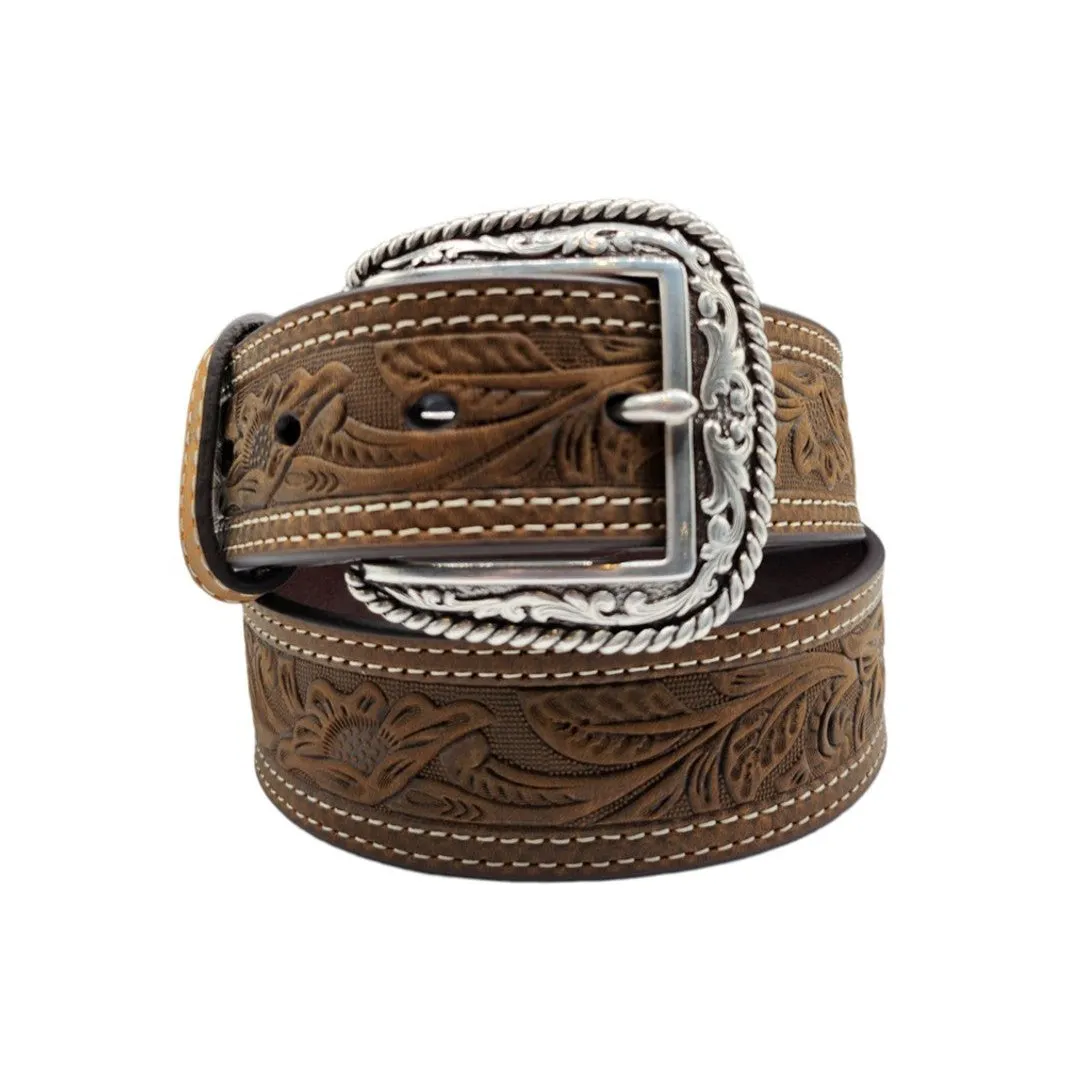 Ariat Men's Brown Floral Tooled Double Stitched Western Leather Belt