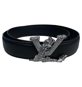 Black Fancy Design Men's Belt Diamonds Stone Sliver Buckle