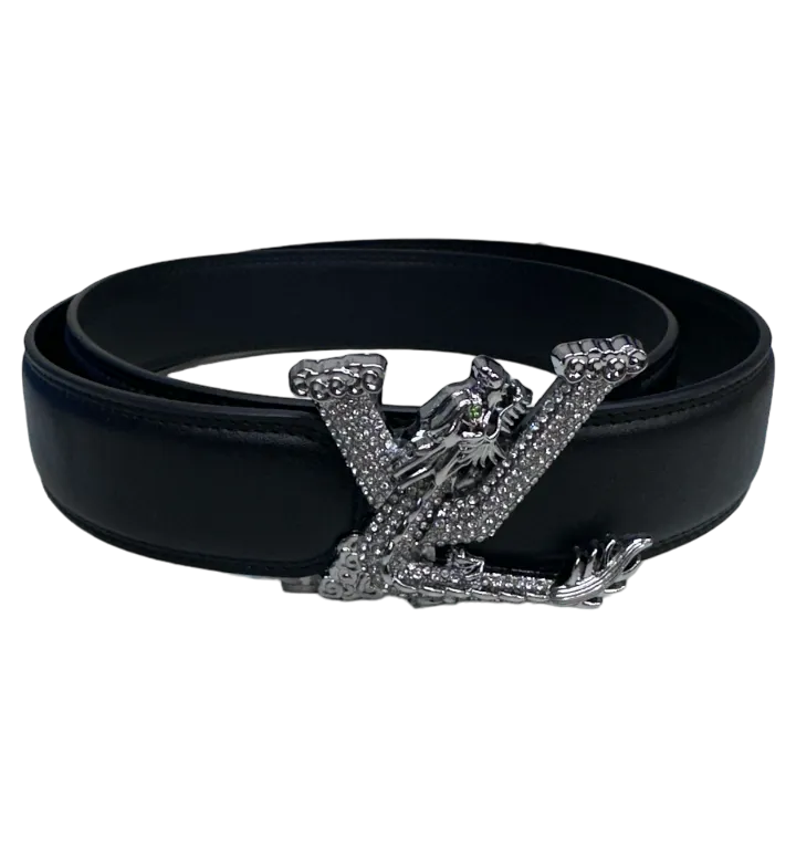 Black Fancy Design Men's Belt Diamonds Stone Sliver Buckle