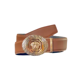 Cognac Men's Leathers Belt Lion Head Greek Key Gold Buckle