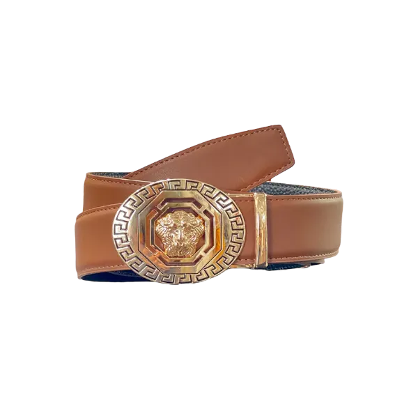 Cognac Men's Leathers Belt Lion Head Greek Key Gold Buckle