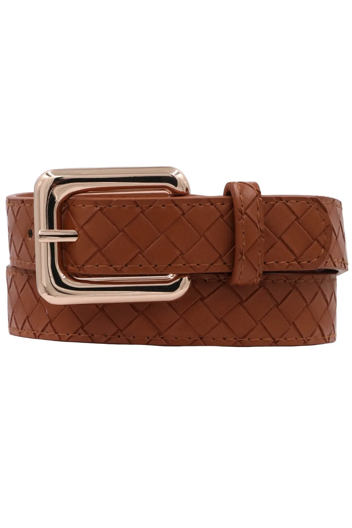 Cognac Weave Pattern Faux Leather Belt