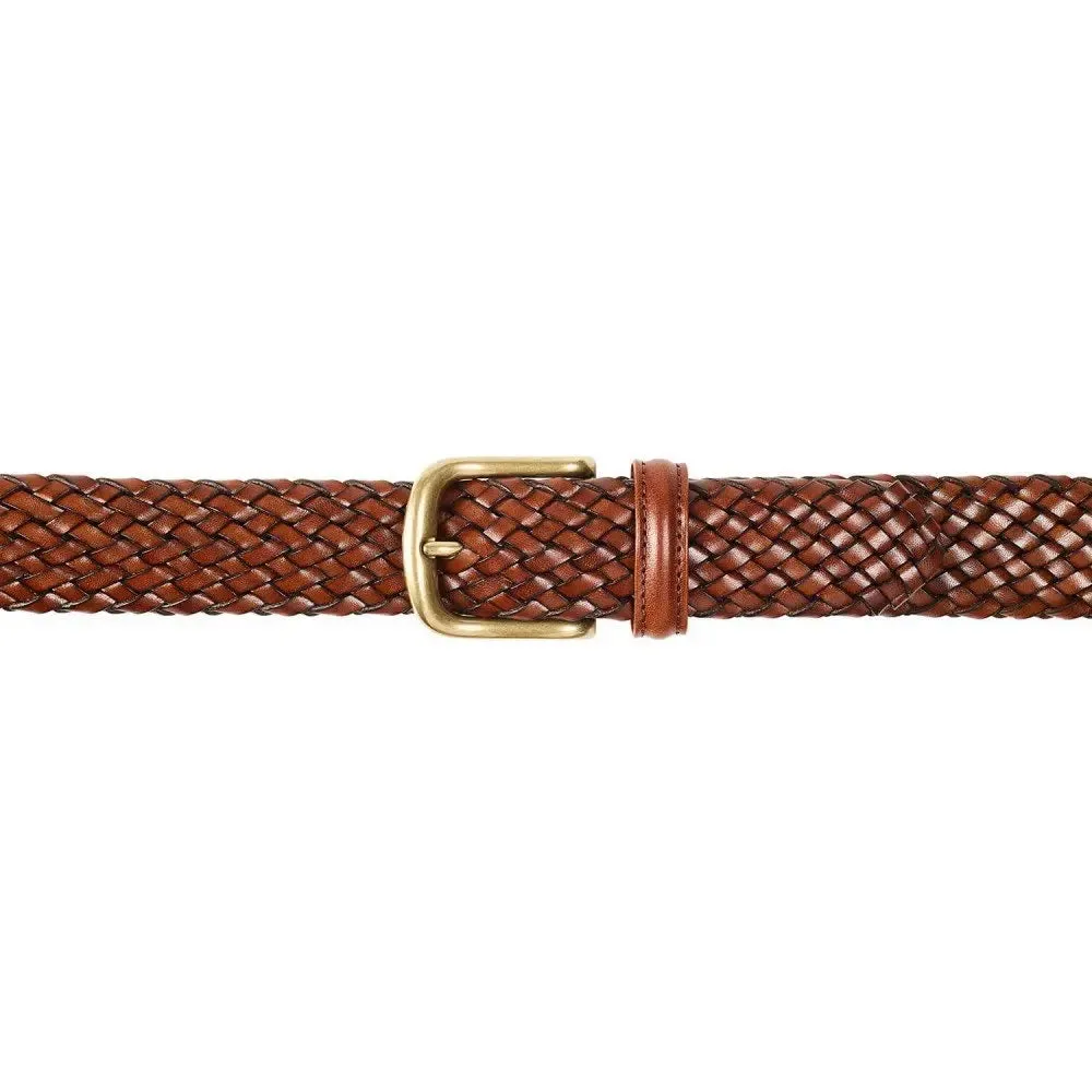 Dark Brown Woven Calf Leather Belt with Antique Brass Buckle