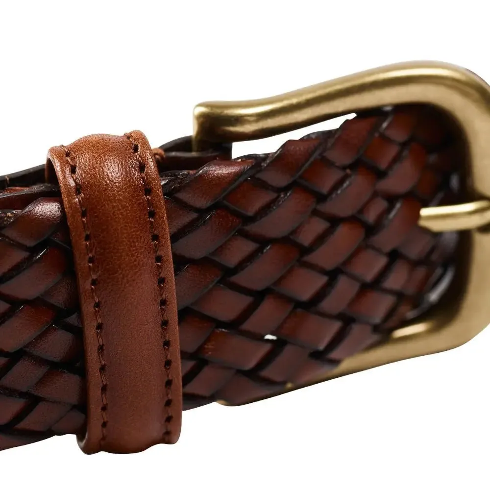 Dark Brown Woven Calf Leather Belt with Antique Brass Buckle