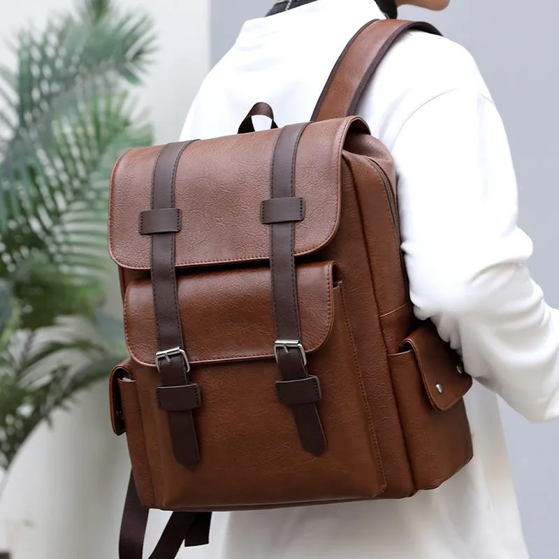 Fashion Vintage Buckle Leather Waterproof Backpack