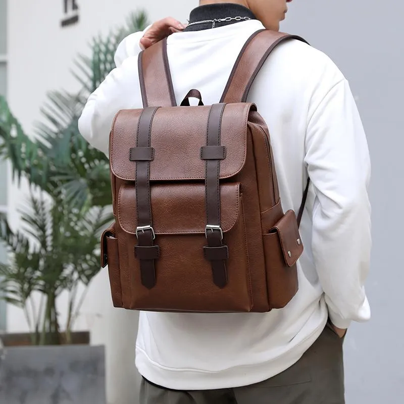 Fashion Vintage Buckle Leather Waterproof Backpack