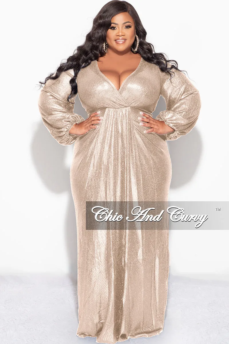 Final Sale Plus Size Faux Wrap Gown with Pleated Waist & Balloon Sleeves in Gold Metallic Lux Fabric