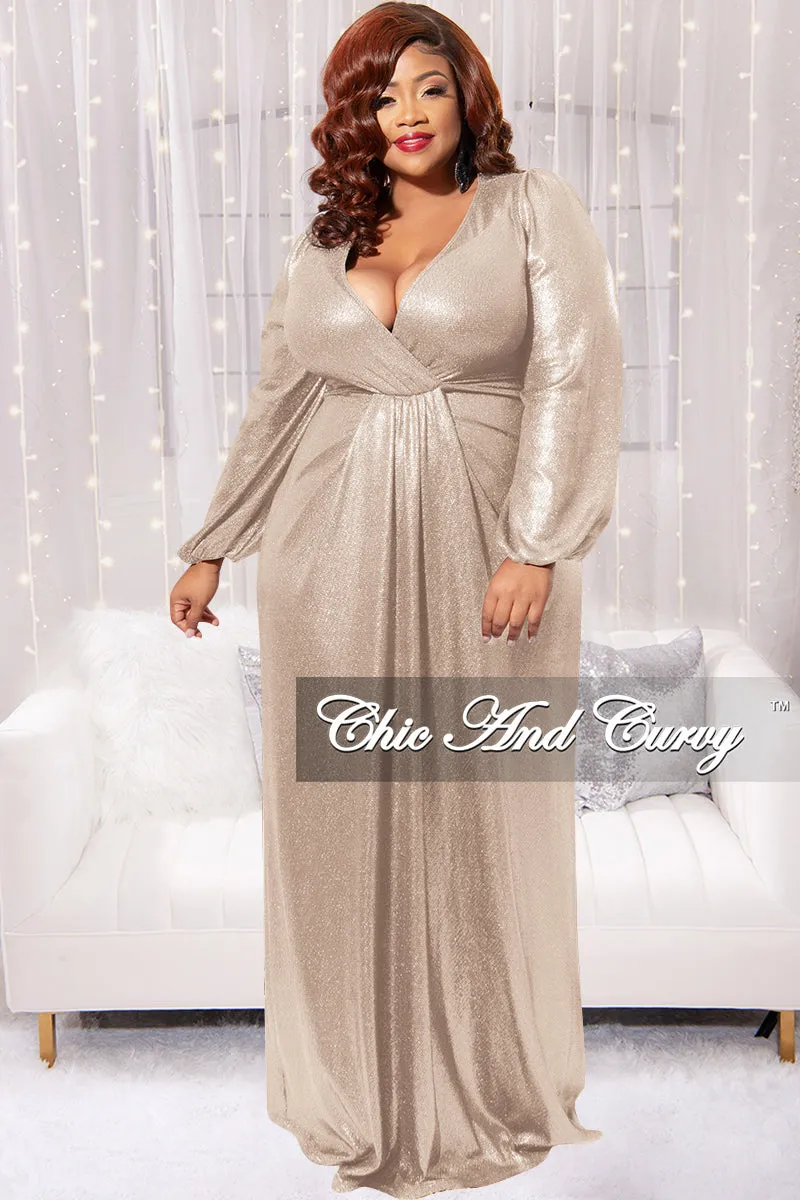 Final Sale Plus Size Faux Wrap Gown with Pleated Waist & Balloon Sleeves in Gold Metallic Lux Fabric