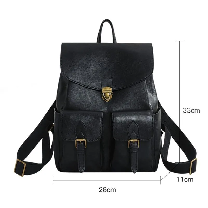 Genuine Leather Women's Solid Pattern Zipper Closure Travel Bag Backpack