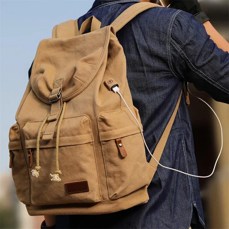 Men Retro Daily Canvas Backpack With USB Charging Port