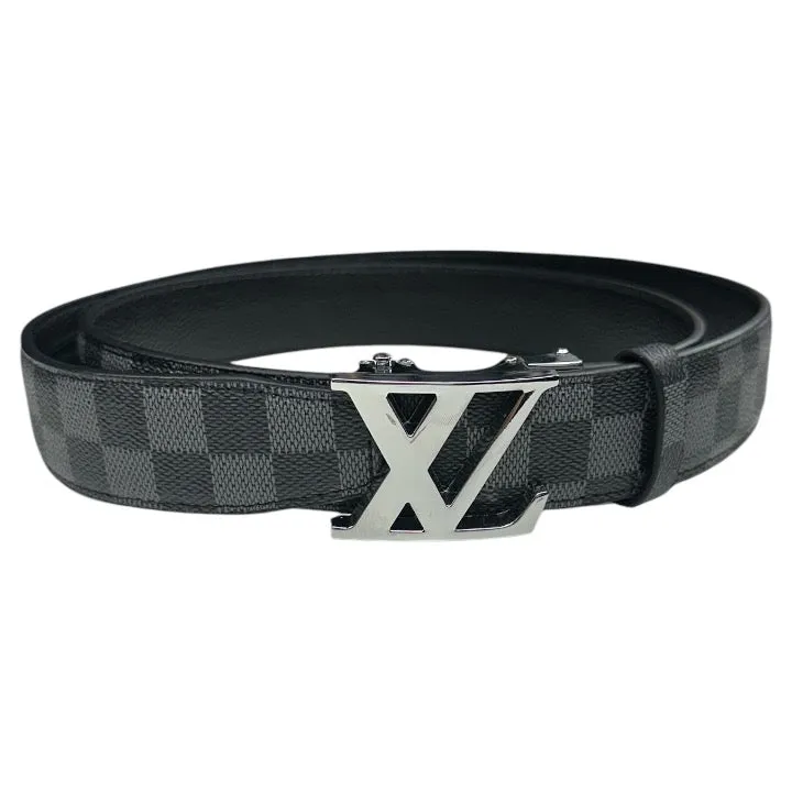 Men's Black and Grey Belt Genuine plaid Leather Sliver Buckle