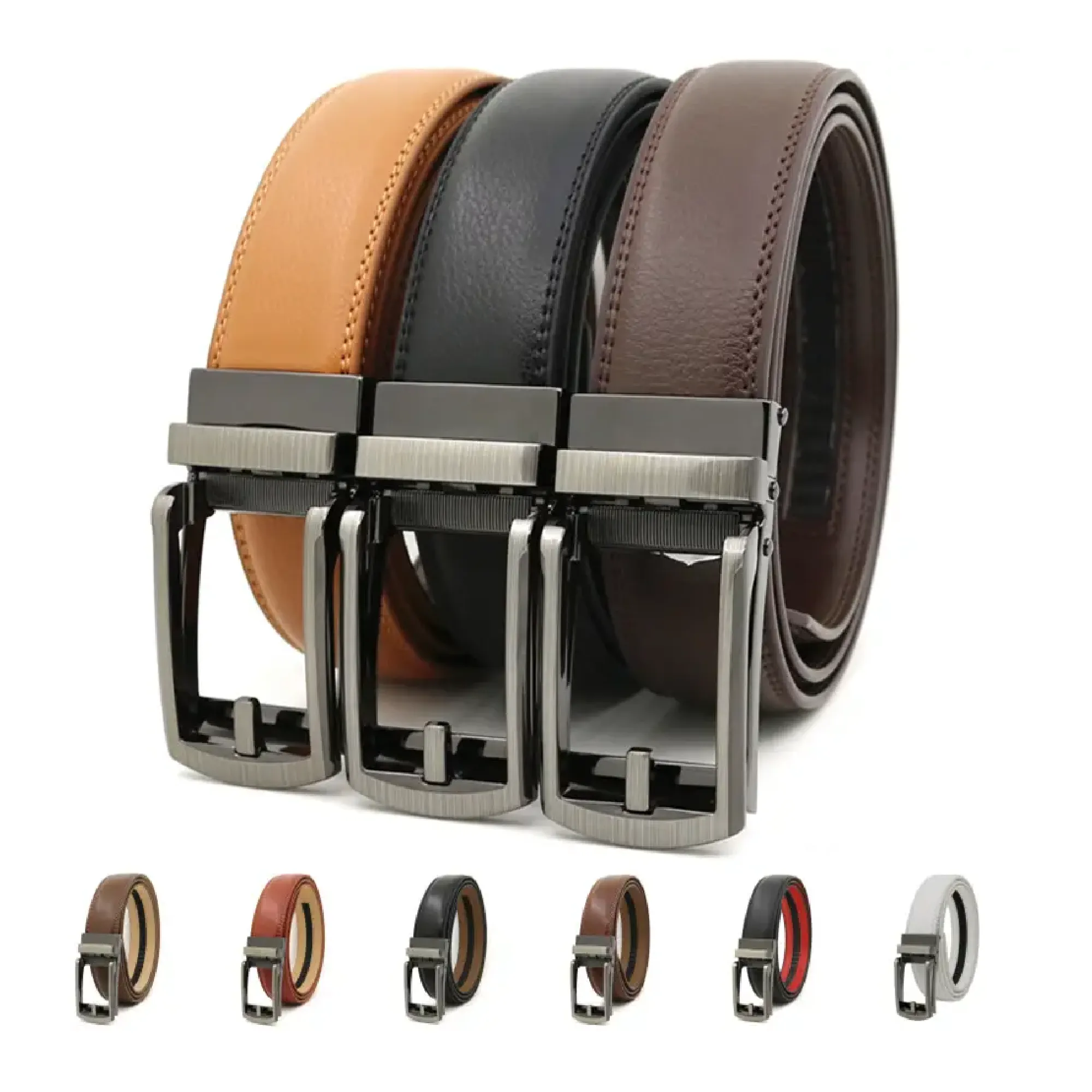 Men's Genuine Leather Reverse Buckle Belt, Automatic Buckle Belt, Pin Buckle Belt For Pants