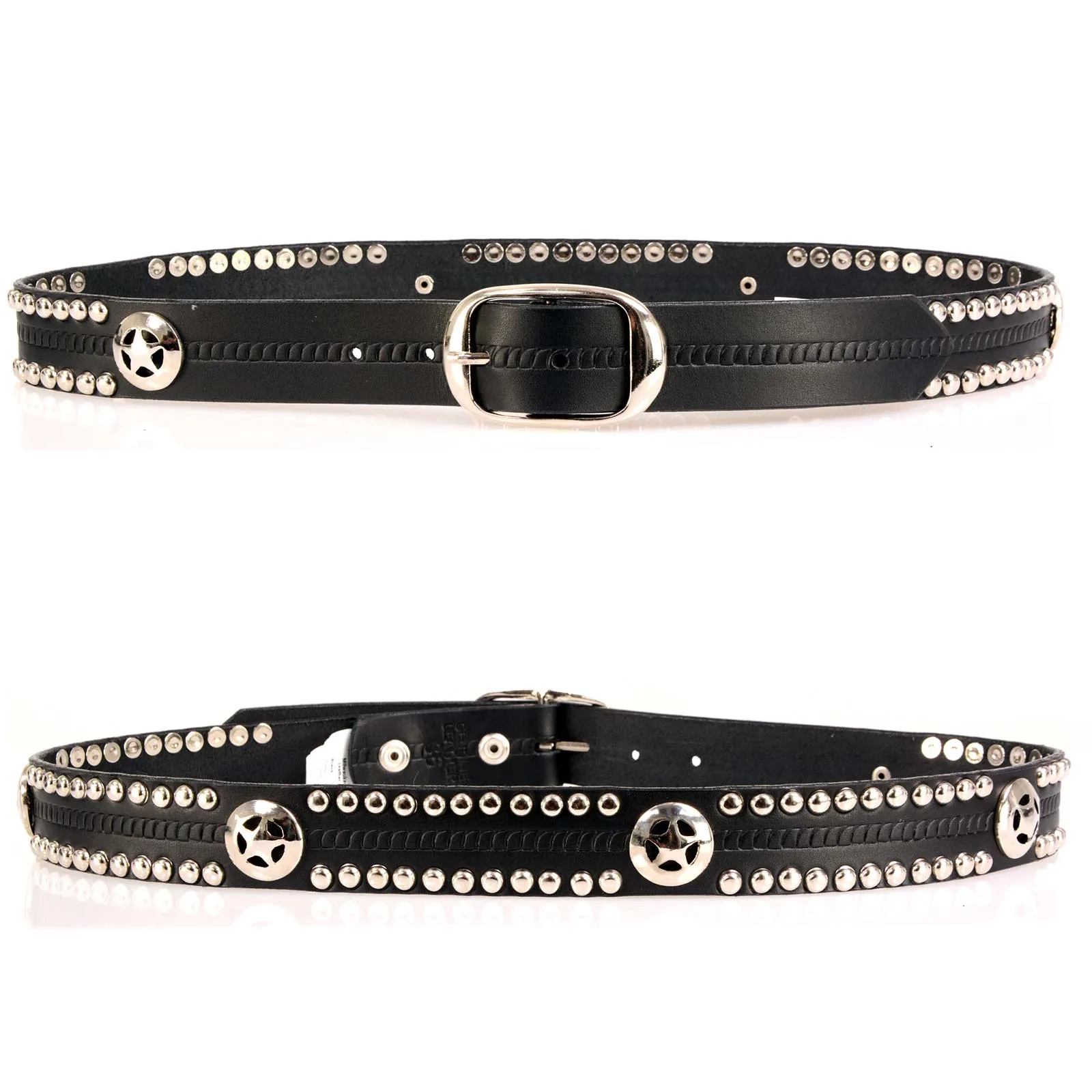 Milwaukee Leather MP7131 Men's Chrome Studded w/ Star Emblem Black Leather Biker Belt w/ Interchangeable Buckle -1.5 in Wide