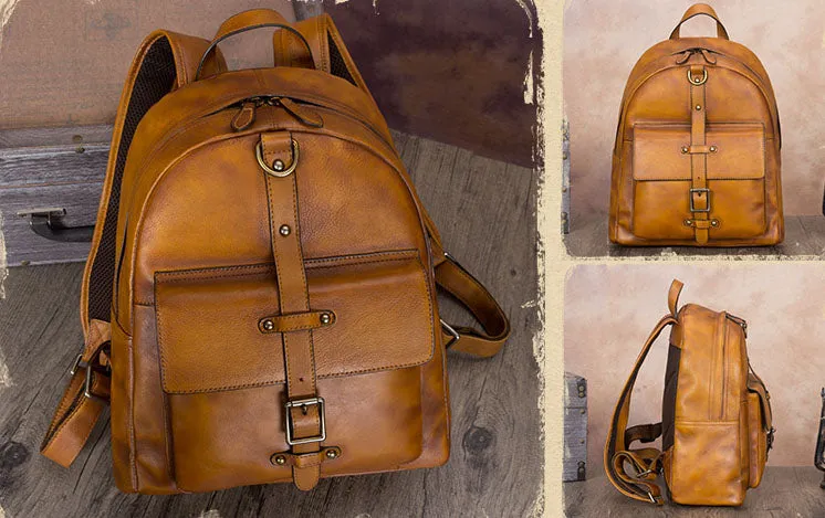 Vintage Womens Brown Full Grain Leather Backpack Purse for Women