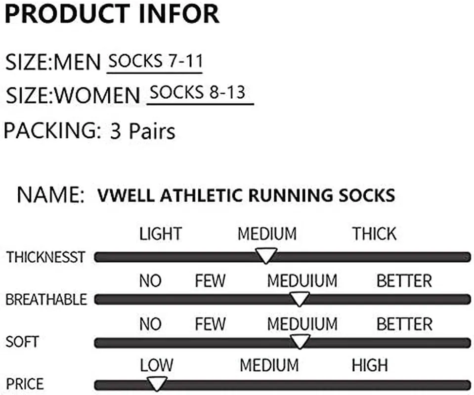 VWELL Toe Socks Cotton Athletic Running Five Finger Socks 3 Pairs,Size 7-11