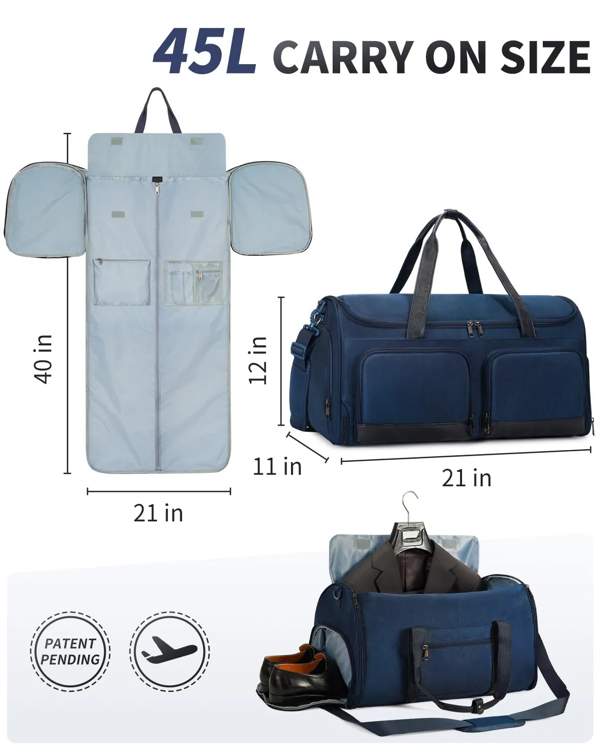 WANDF Convertible Garment Bag with Toiletry Bag for Travel