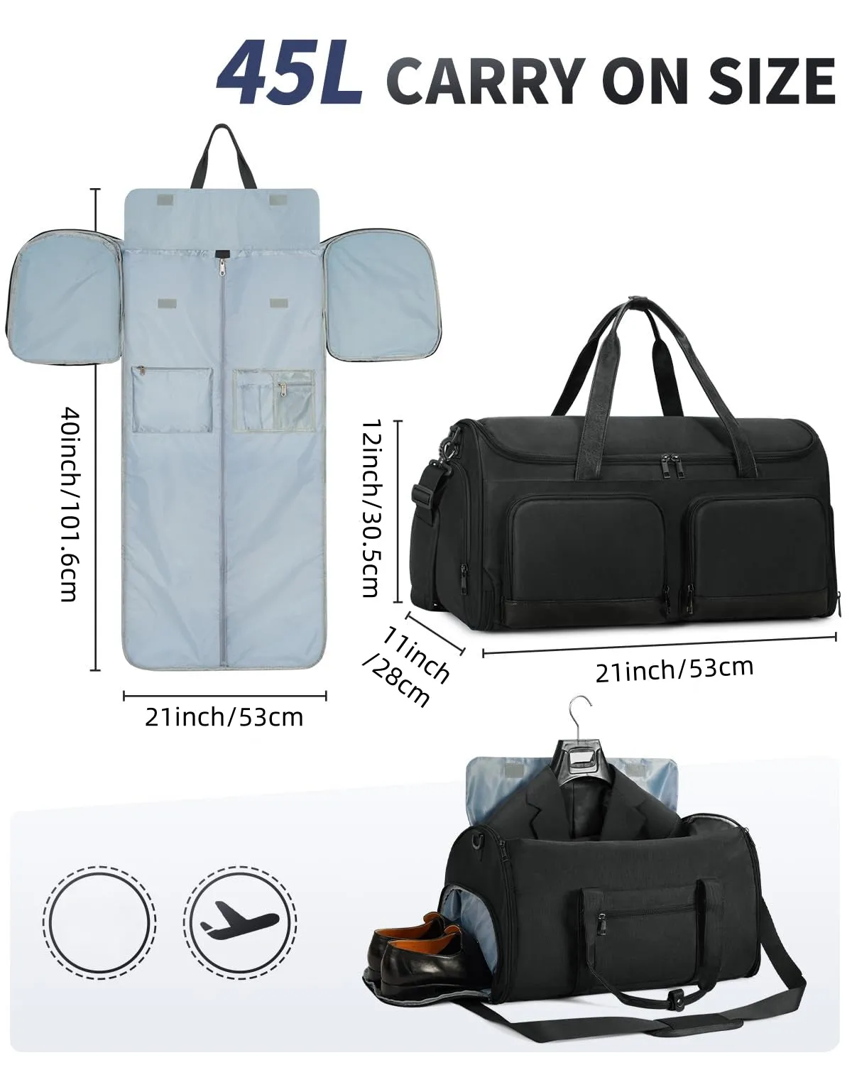 WANDF Convertible Garment Bag with Toiletry Bag for Travel