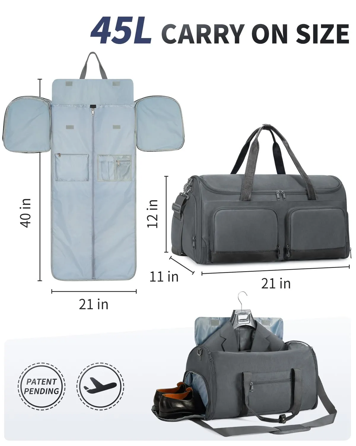 WANDF Convertible Garment Bag with Toiletry Bag for Travel