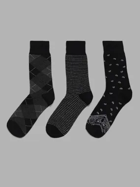 WES Lounge Black Cotton Blend High-Length Socks - Pack of 3