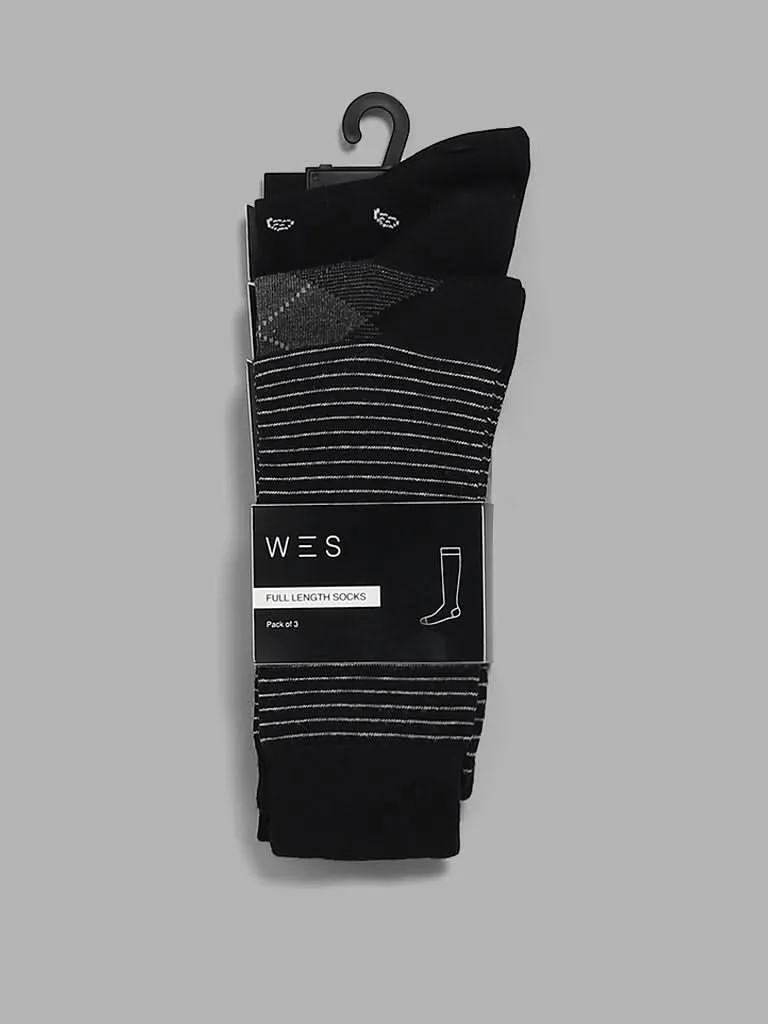 WES Lounge Black Cotton Blend High-Length Socks - Pack of 3