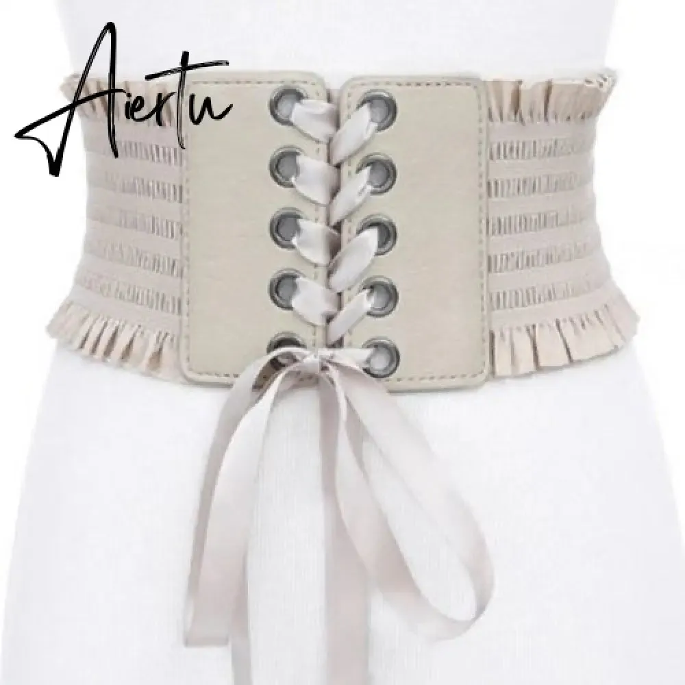 Women Wide Belt Decor Soft Satin Bowknot Wrap Around Tie Waistband Lace Up Eyelet Cotton Corset Belt Cinch Waist Wide Dress Belt