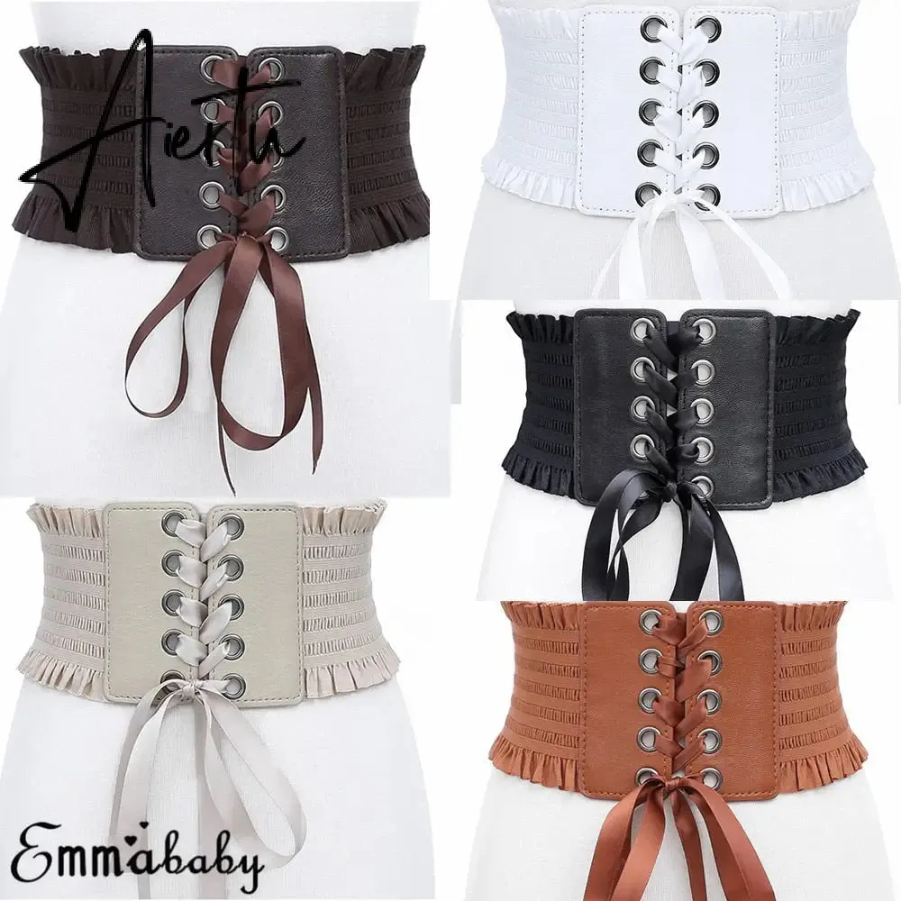 Women Wide Belt Decor Soft Satin Bowknot Wrap Around Tie Waistband Lace Up Eyelet Cotton Corset Belt Cinch Waist Wide Dress Belt