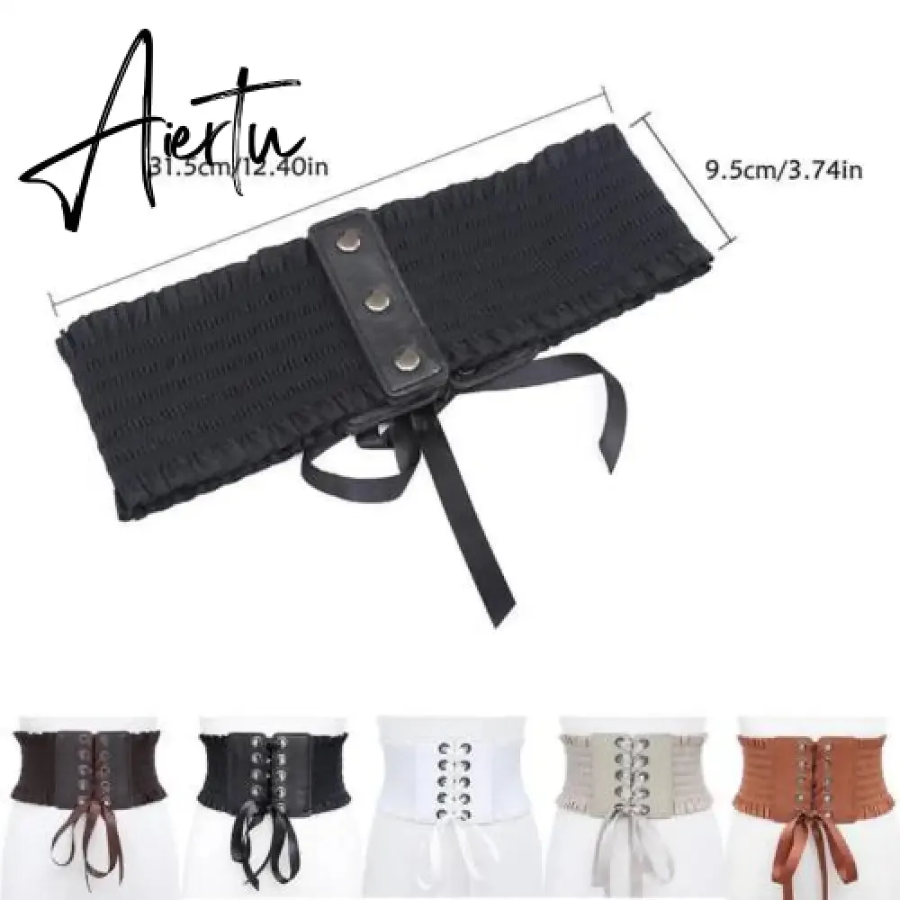 Women Wide Belt Decor Soft Satin Bowknot Wrap Around Tie Waistband Lace Up Eyelet Cotton Corset Belt Cinch Waist Wide Dress Belt