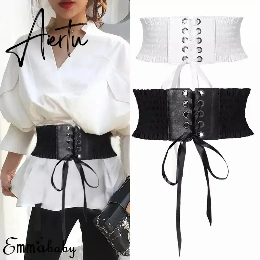 Women Wide Belt Decor Soft Satin Bowknot Wrap Around Tie Waistband Lace Up Eyelet Cotton Corset Belt Cinch Waist Wide Dress Belt