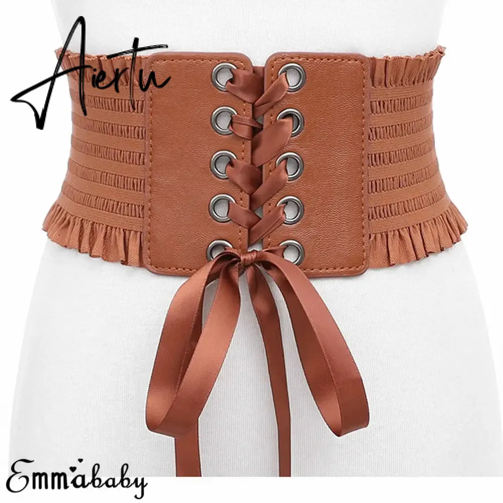 Women Wide Belt Decor Soft Satin Bowknot Wrap Around Tie Waistband Lace Up Eyelet Cotton Corset Belt Cinch Waist Wide Dress Belt